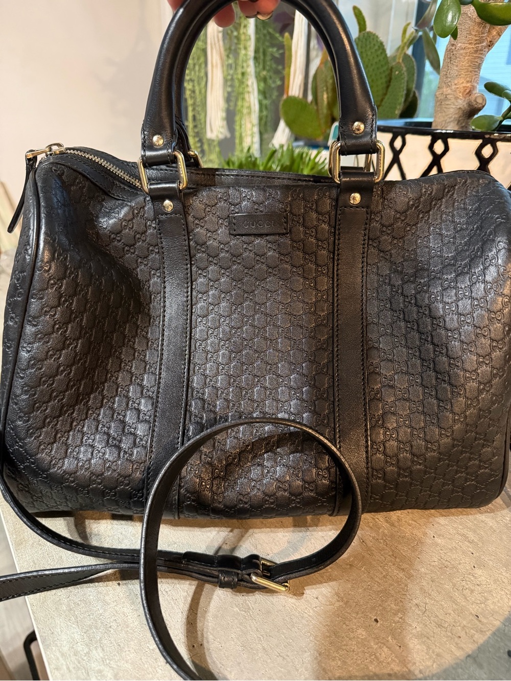 Gucci Black Embossed Leather Top-Handle Satchel with Detachable Strap